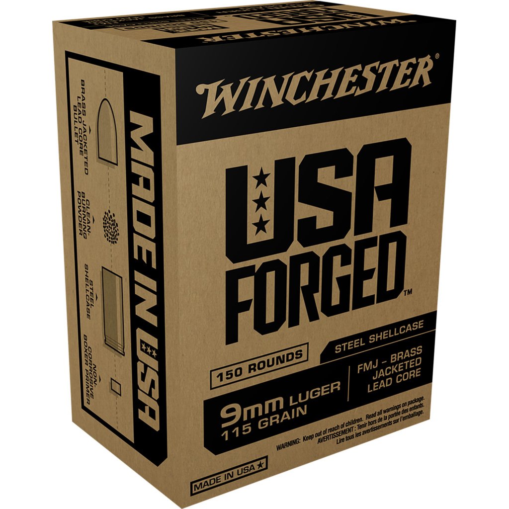 Winchester Usa Forged Pistol Ammo 9mm 115 Gr. Fmj Brass Jacketed Lead Core 150 Rd.