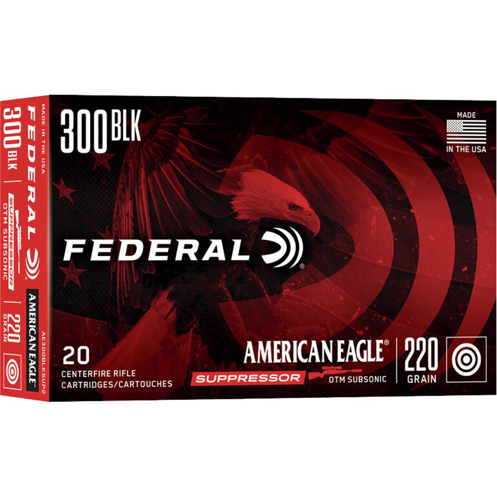 Federal American Eagle Suppressor Rifle Ammo 300 Blackout 220 Gr. Open Tip Match 20 Rd.