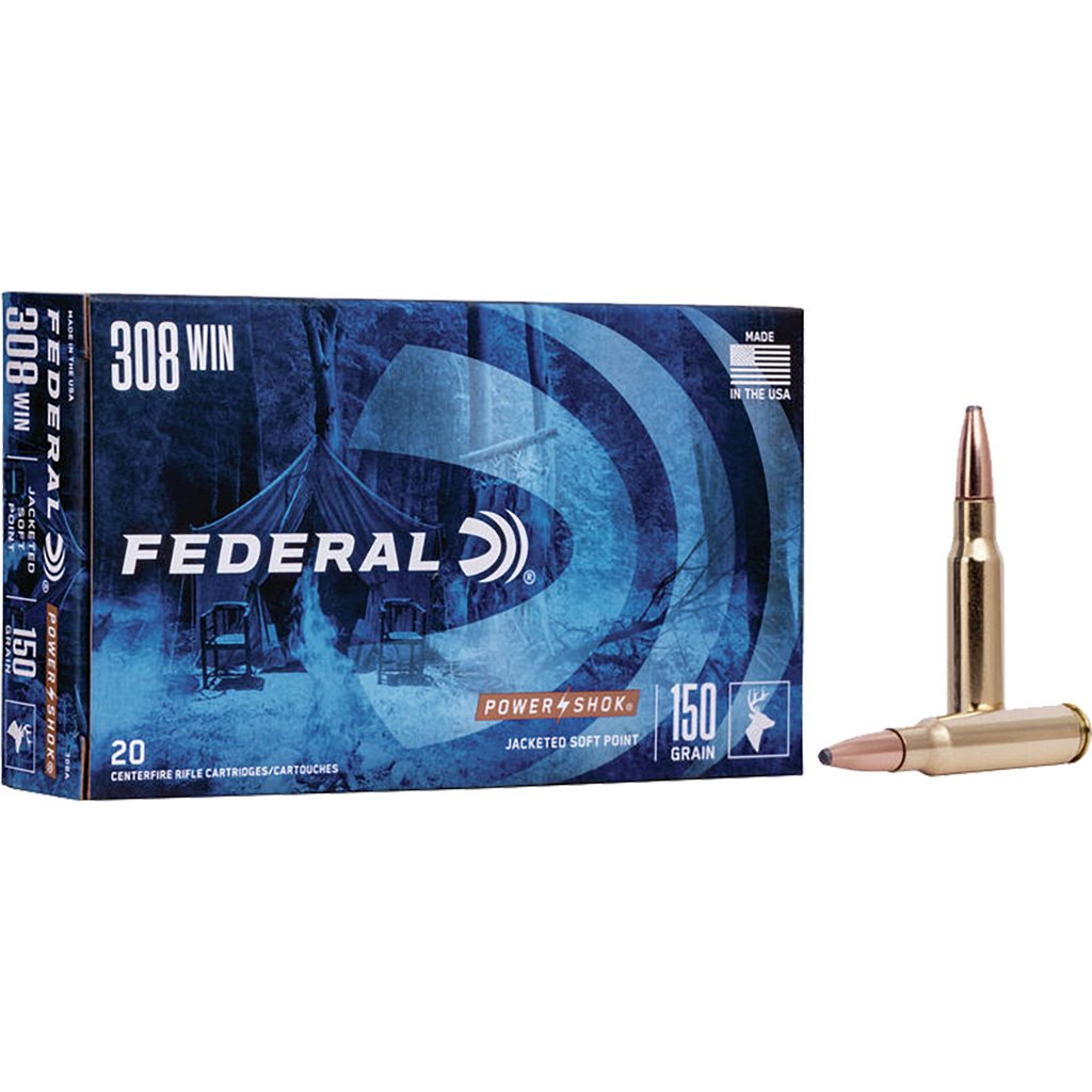Federal Power-shok Rifle Ammo 308 Win 150 Gr. Jacketed Soft Point 20 Rd.